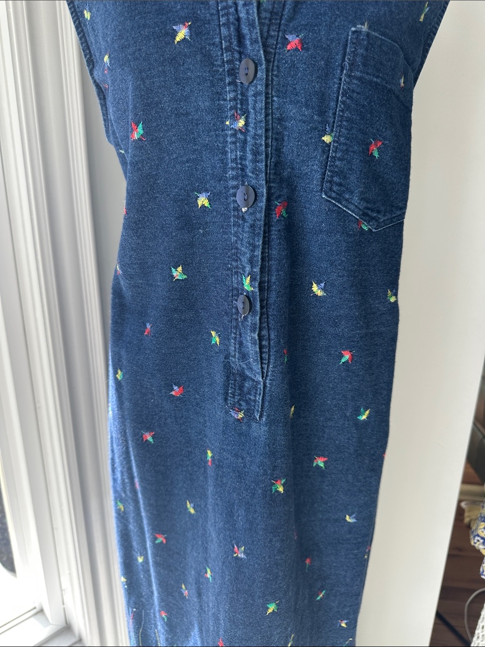 VINTAGE 90s Denim Navy Blue Embroidered Maxi Jean Dress Button Front Size 16 - Picture 3 of 14